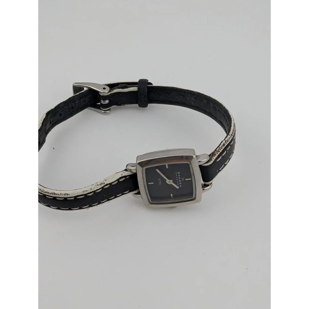 Skagen Steel Watch Women 17mm‎ Case Petite Black Leather Band- New Battery